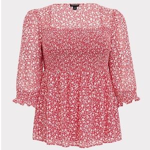 Pink Floral Smocked Babydoll Blouse